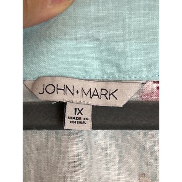 John Mark 1X blue Linen Floral Print Embroidered Beaded Split V-Neck Tunic new - Picture 4 of 7